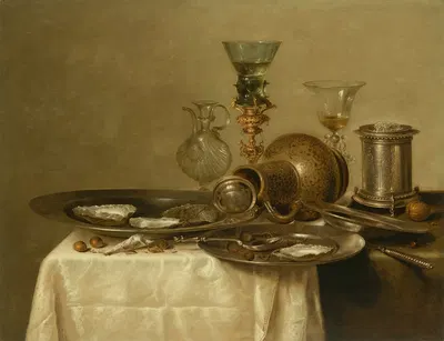Three pewter plates with oysters, an over-turned stoneware jug, a silver salt cellar, a glass carafe, a roemer on a gilt…