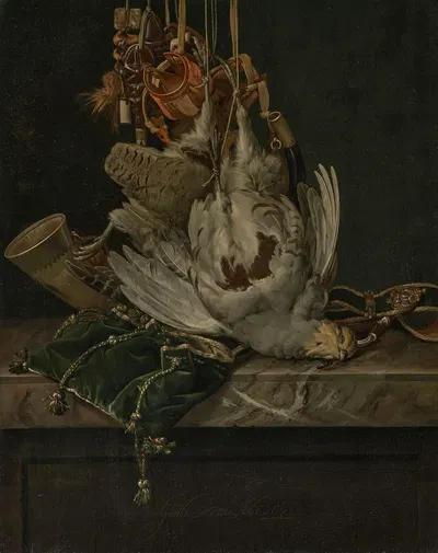 A partridge, a hunting horn, hawking hoods and a gold-trimmed green velvet hunting bag hanging above a marble ledge by…