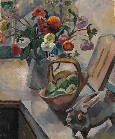 Still life with flowers and piggy bank by Астрид Хольм — digital art print download