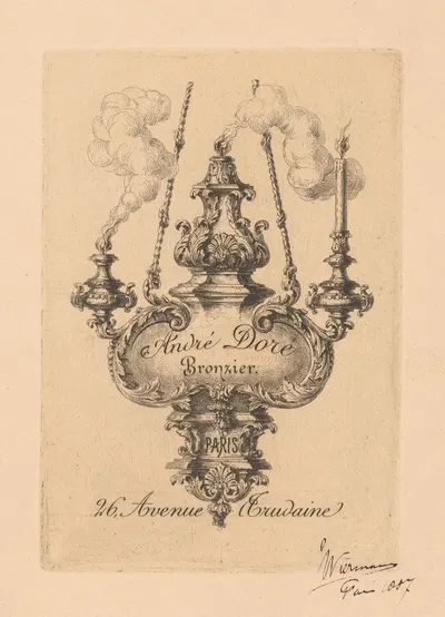 Adreskaart voor André Doré, vervaardiger van bronzen kunstvoorwerpen in Parijs by Eduard Niermans, 1887 — digital art print…