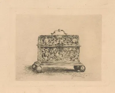 Kist met bolvormige poten en halfrond deksel by Eduard Niermans, 1886 — digital art print download