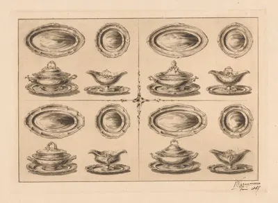 Vier dienbladen, borden, dekschalen en sauskommen by Eduard Niermans, 1887 — digital art print download