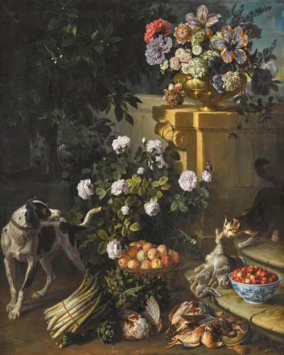 Still life with a dog and a cat in a garden landscape with game, flowers, a bunch of asparagus by Александр Франсуа Деспор…