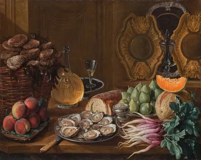 Still life with oysters, figs, peaches, radishes, and a melon by Александр Франсуа Деспор — digital art print download