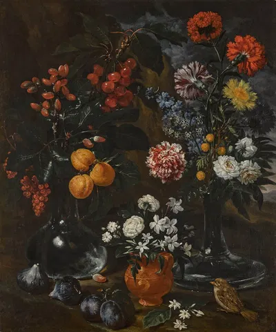 Still life with two glass vases in a landscape by Bartolomeo Bimbi — digital art print download