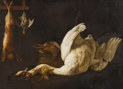 A still life of a swan suspended from a hook, a hare, a grey partridge, a pheasant on a barrel by Элиас Вонк — digital art…