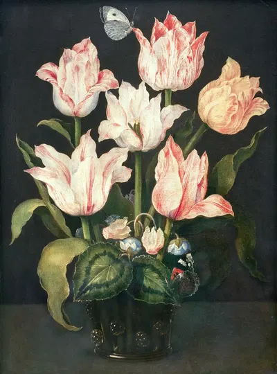 Still life with tulips in a glass vase, with cyclamen and anemone by Osias Beert the Elder — digital art print download