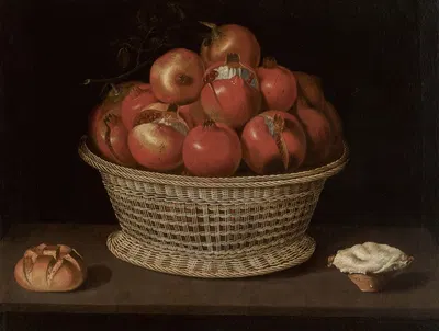 Still life of pomegranates in a basket, a bread roll and a pastry on a ledge by Tomás Hiepes — digital art print download