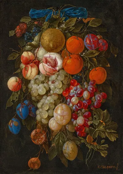 A festoon of fruit hanging from a blue ribbon by Cornelis de Heem — digital art print download