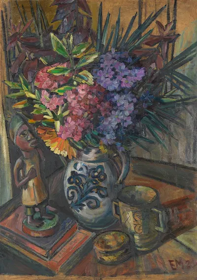 Blumenstillleben mit afrikanischer Figur by Эмиль Маецель, 1920 — digital art print download