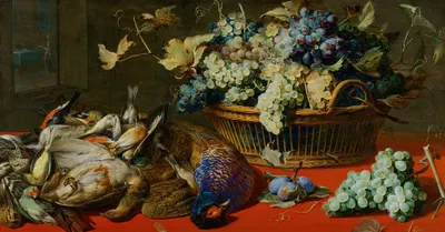 Game, plums and grapes on a red table cloth, next to a basket of grapes by Франс Снайдерс — digital art print download