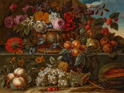 Flowers in a bowl on a ledge, with scattered fruit by Gaspar Peeter Verbruggen the Younger — digital art print download