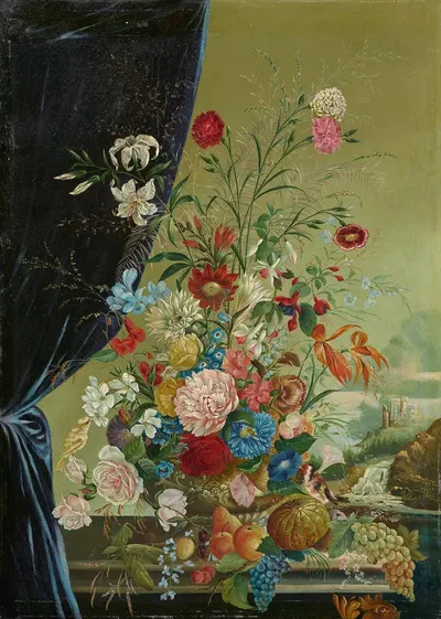 Opulent Flower Still Life with Birds by Josef Lauer — digital art print download