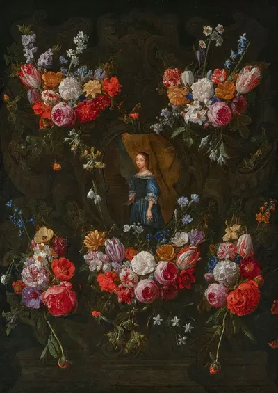 Swags of flowers in an ornamental cartouche, surrounding a portrait of a girl holding a fan by Nicolaes van Veerendael,…