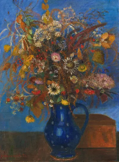 Blumenstrauß im blauen Krug by Otto Modersohn, 1932 — digital art print download