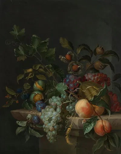 Grapes, peaches, plums, blackberries, rosehips, a melon, an ear of barley, a vine tendril, chestnuts, walnuts and hazelnuts…