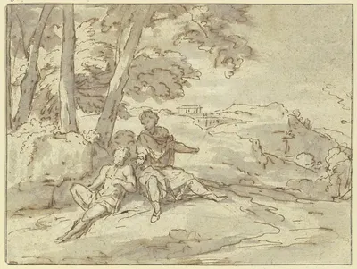 In einer Landschaft sitzen unter einer Baumgruppe zwei antike Figuren by Abraham Genoels II — digital art print download