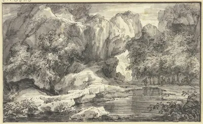 Große Felspartie an einem See by Авраам Генойелс II — digital art print download