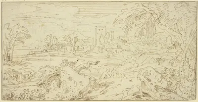 Landschaft mit Gebäuden, im Vordergrund Felsstücke und zwei nur halb sichtbare Figuren by Abraham Genoels II — digital art…