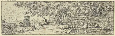 Rechts eine große Baumpartie mit altem Mauerwerk, auf welchem viele Inschriften eingetragen sind, links ein Brunnen by…