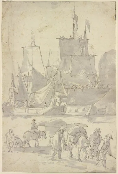 Schiffe im Hafen, vorne drei Männer mit einem beladenen Esel nach rechts by Abraham Storck — digital art print download