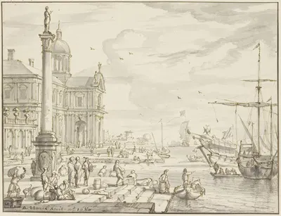 Seaport, a column on the left by Абрахам Сток, 1680 — digital art print download