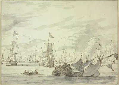 Seegefecht, vorne rechts ein sinkendes Schiff by Абрахам Сток — digital art print download