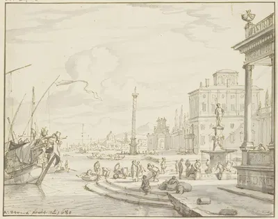 Seehafen mit einem Brunnen und einer Säule by Abraham Storck, 1680 — digital art print download