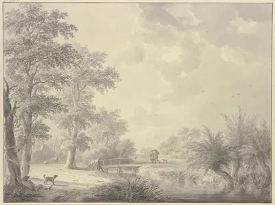 Wiesengrund mit Gebüsch und Bäumen, über einen Graben führt ein Steeg mit einer Tür, rechts drei Weiden by Abraham Teerlink…
