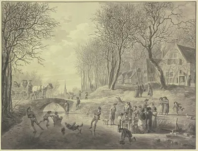 Winterlandschaft, Schlittschuhläufer auf dem Kanal, über den eine steinerne Brücke führt by Abraham Teerlink, 1798 —…