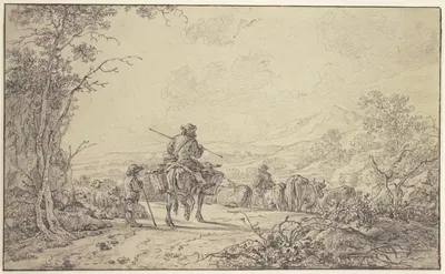 Hirten mit Rinder- und Schafherde in hügeliger Landschaft by Абрахам Ван Стрий — digital art print download