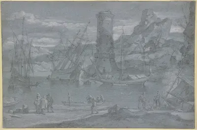 Seehafen, bei dem Leuchtturm liegt ein Schiff auf der Seite, um repariert zu werden by Абрахам Виллаертс — digital art…