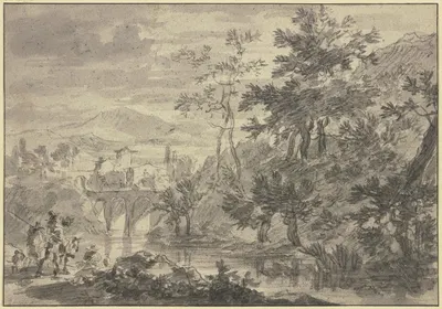 Landschaft mit einem mit Weiden bewachsenem Fluß, über welchen eine Brücke mit drei Bogen führt, vorne Reiter und Fußgänger…