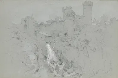 Ruinen von Nepi mit Wasserfalll by Адольф Хёффлер, 1863 — digital art print download