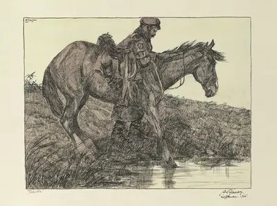 Tränke. Soldat mit Pferd am Wasser by Adolf Jansen, 1916 — digital art print download