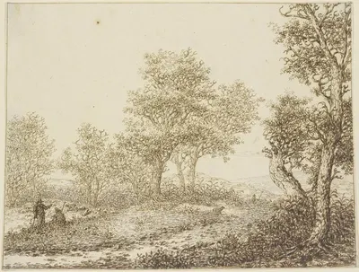 Landschaft mit Bäumen, links zwei Männer im Gespräch by Адриан Хендрикс. Вербум — digital art print download