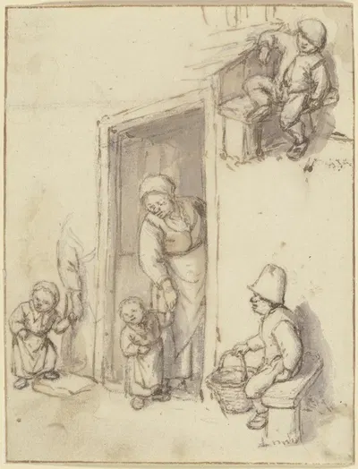 Studienblatt; Eine Mutter und ihre Tochter in der Haustür, ein Mädchen an der Hand der Mutter, und zwei sitzende Jungen by…