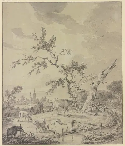 Hirtenknabe mit Rindern, Schafen und Ziegen bei einem dürren und einem abgestorbenen Baum, im Hintergrund Ruinen, ein Turm…