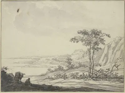 Gebirgslandschaft am Meer, links ein sitzender Mann bei einem Esel by Аельберт Кёйп — digital art print download