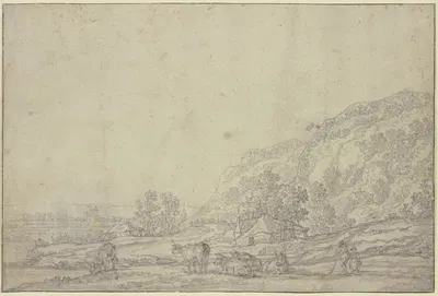 Landschaft mit zwei Hütten, rechts hohe Berge, vorne fünf Kühe by Аельберт Кёйп — digital art print download