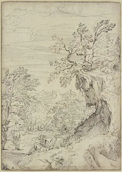 Landschaft mit einem Heiligen und zwei weiteren Figuren by Агостино Караччи — digital art print download