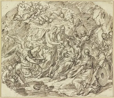 Eine Heilige wird von Maria mit Blumen gekrönt und bekommt von Christus die Hostie, eine Engelschar umgibt die Gruppe by…