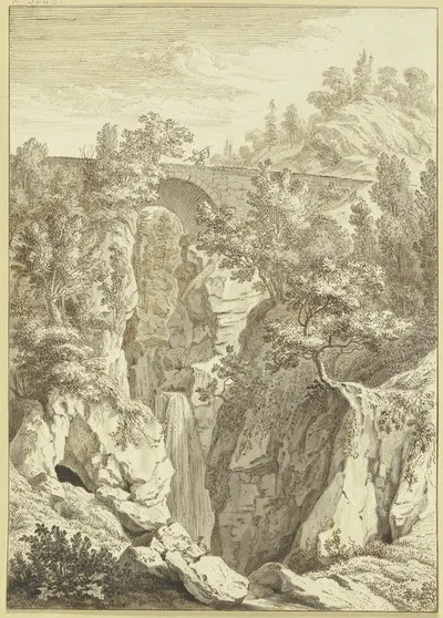 Wasserfall, über welchen eine Steinbrücke führt by Albert Meyeringh — digital art print download