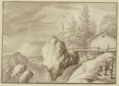 Zwischen Felsstücken ein Wasserfall, dabei ein Steg und ein Haus, rechts zwei Figuren by Allaert van Everdingen — digital…