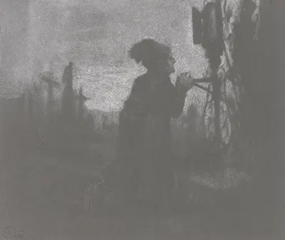 Alte Frau im Gebet kniend auf einem Friedhof by Алойс Пенц — digital art print download