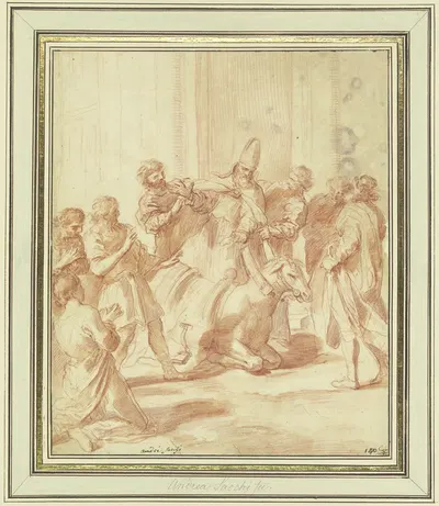 Ein Bischof lässt ein Maultier auf die Knie fallen by Andrea Sacchi — digital art print download