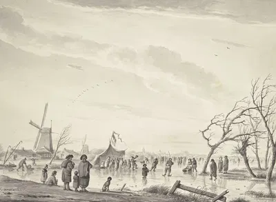 Winterlandschaft mit vielen Schlittschuhläufern und Zelten auf dem Eis, bei einer Windmühle by Андрис Вермеулен — digital…