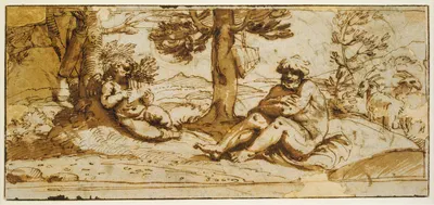 Amor, Playing the Flute, and Silen in an Arcadian Landscape by Annibale Carracci — digital art print download