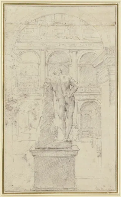 Rückenansicht des Herkules Farnese im Hof des Palazzo Farnese in Rom by Annibale Carracci — digital art print download