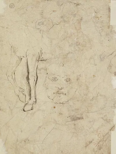 Studienblatt; Die Vorderläufe eines Pferdes sowie ein Kinderkopf en face by Annibale Carracci — digital art print download
